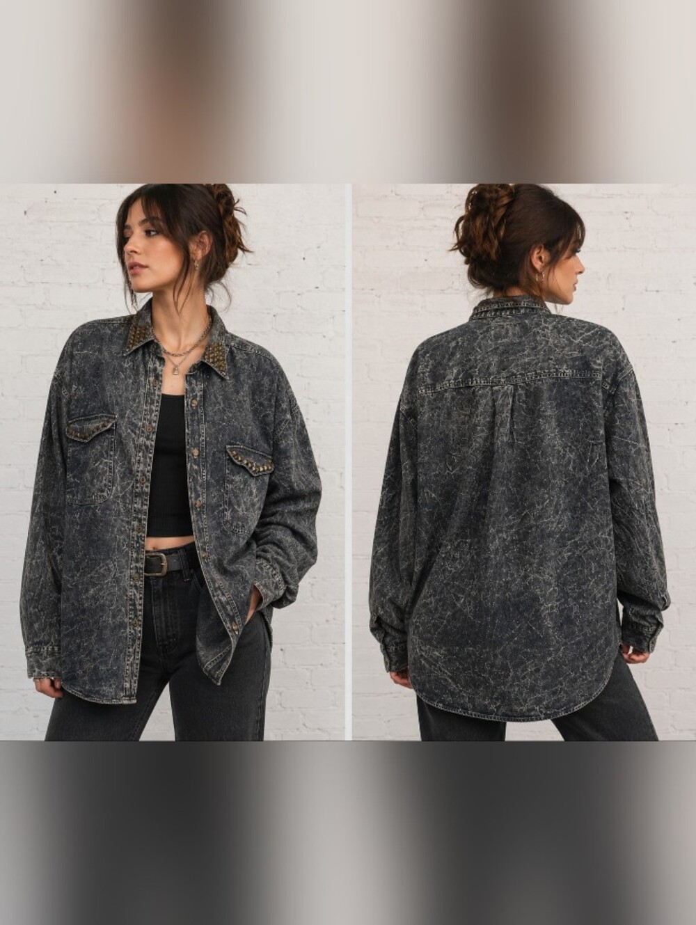alter-ego studded acid wash denim button up shirt oversized grunge y2k vintage l